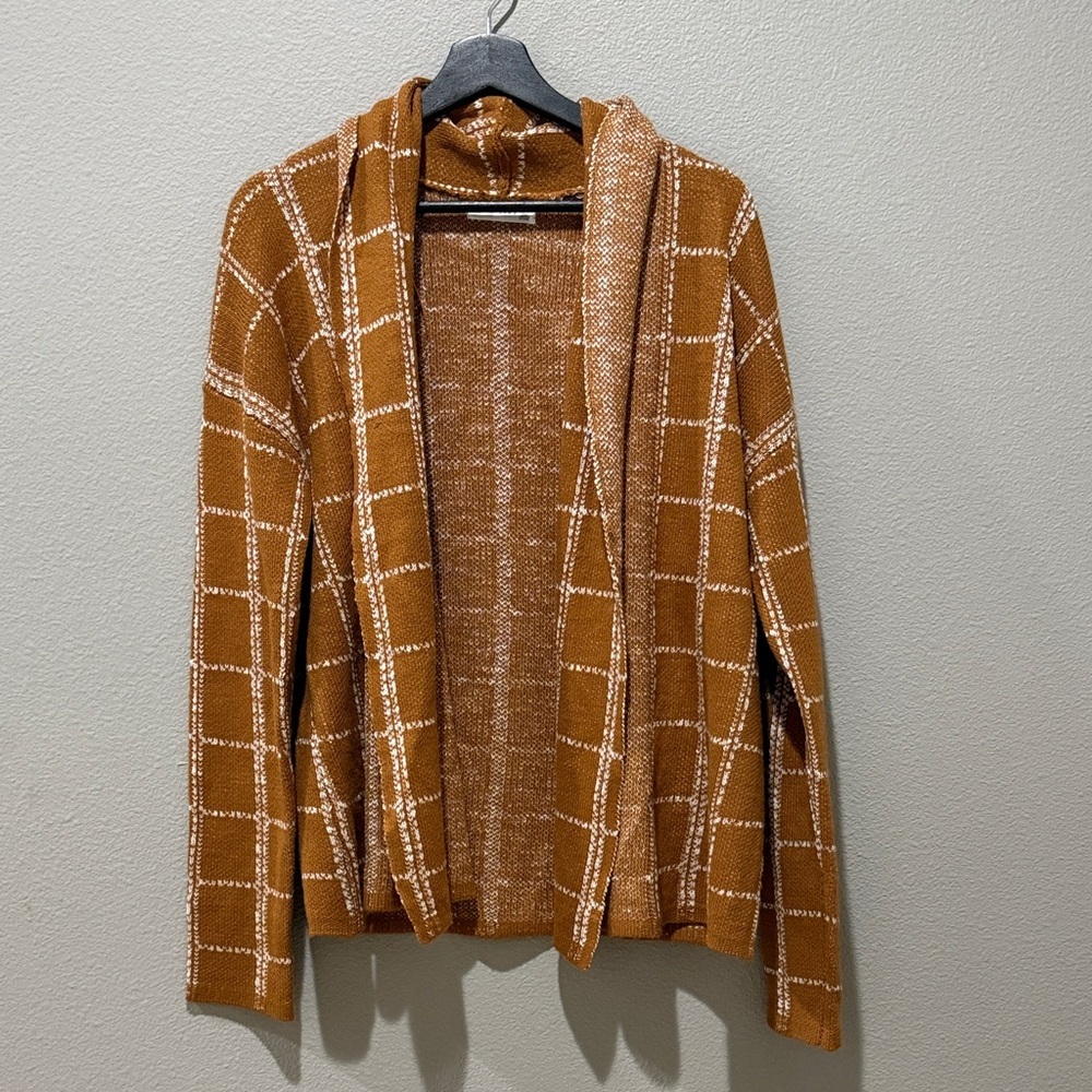Retrology Rust Orange White Plaid Print Open‎ Front Cardigan Size L